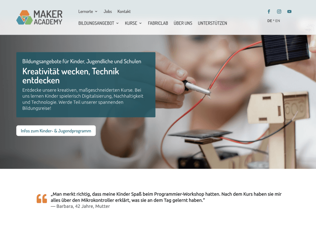 Die Home-Seite von makeracademy.io